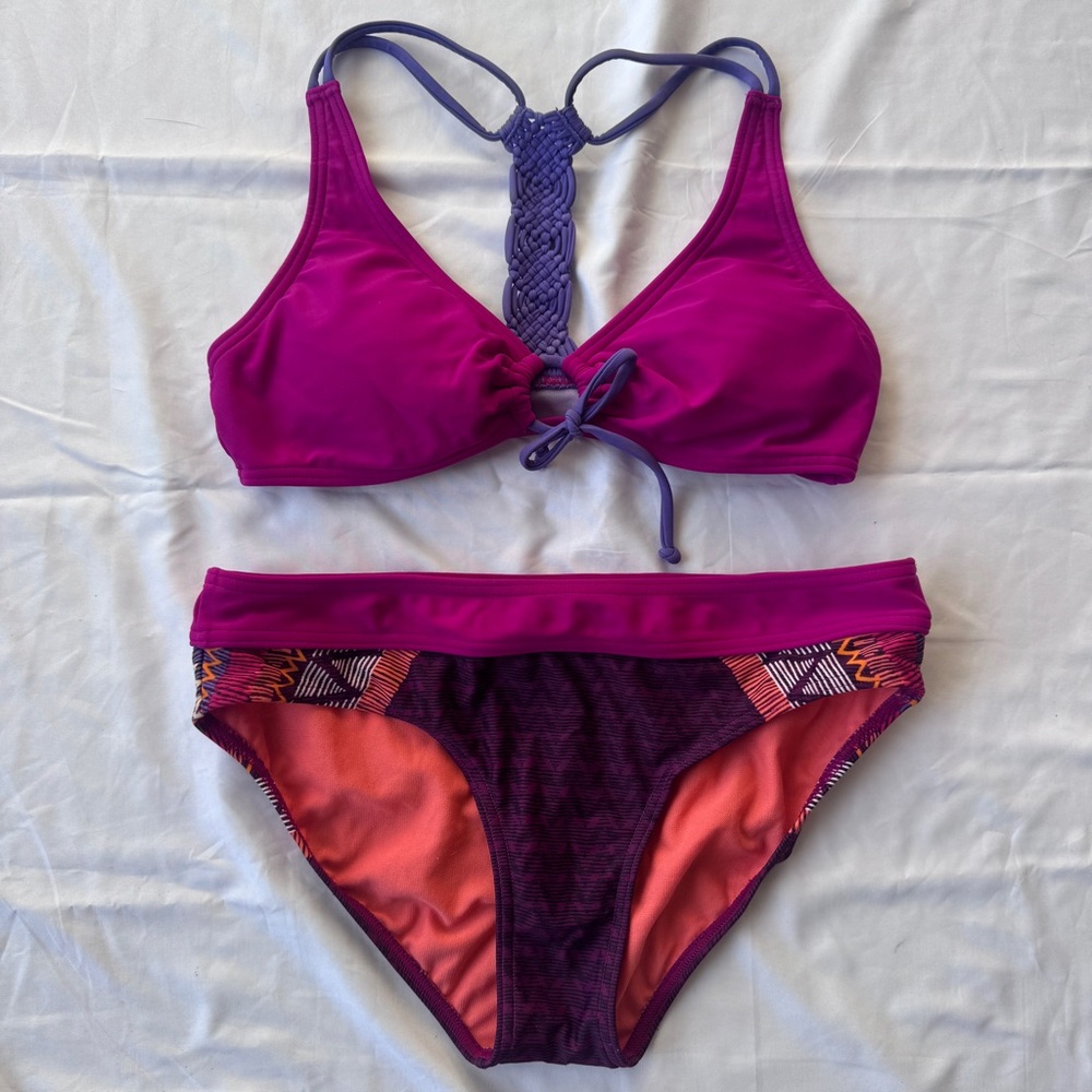 Prana Colorful Magenta Purple Sport Bikini Crochet Festival Coachella Indie EUC